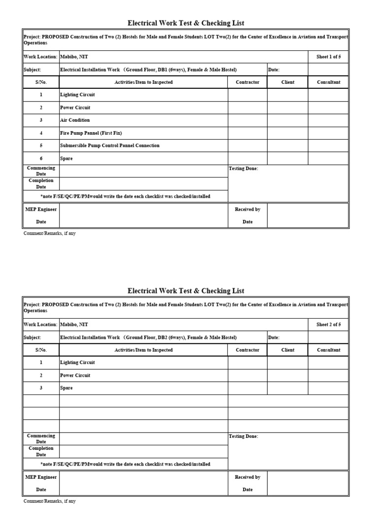 Electrical Work Test & Checking List | PDF | Building Engineering