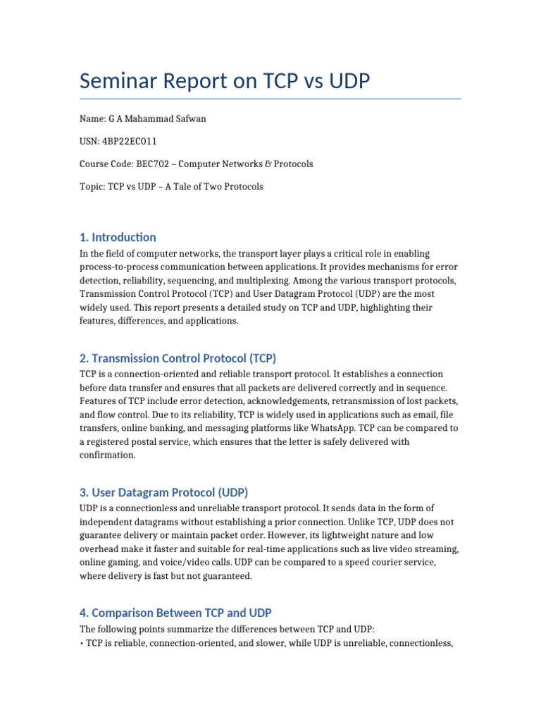TCP Vs UDP Seminar Report | PDF | Transmission Control Protocol ...