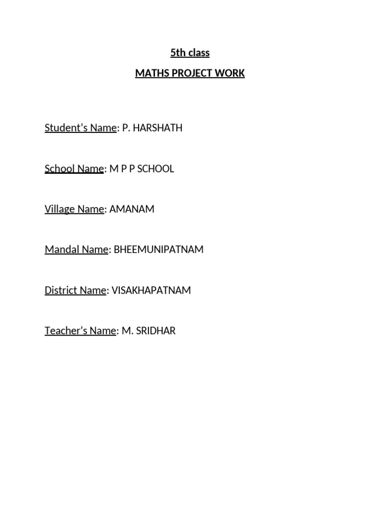 5th Class Maths Project Work | PDF | Division (Mathematics ...