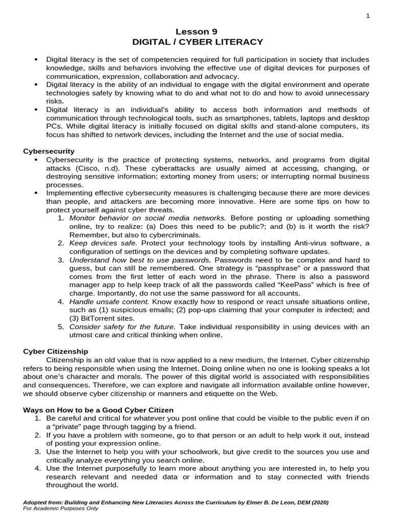 Digital Literacy and Cybersecurity Guide | PDF | Computer Security ...