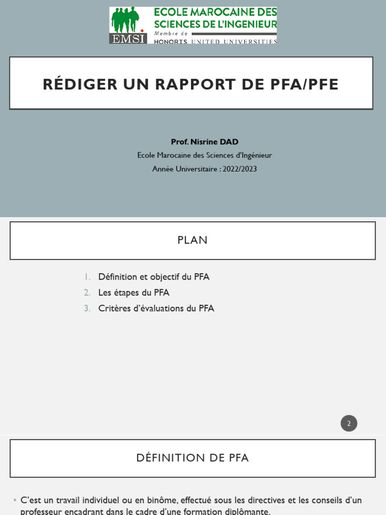 Guide de rédaction du rapport PFA/PFE | PDF