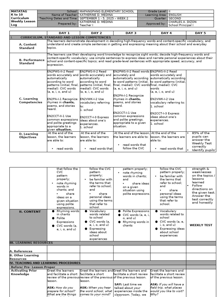 Grade 2 English Weekly Lesson Plan | PDF | Learning | Vocabulary