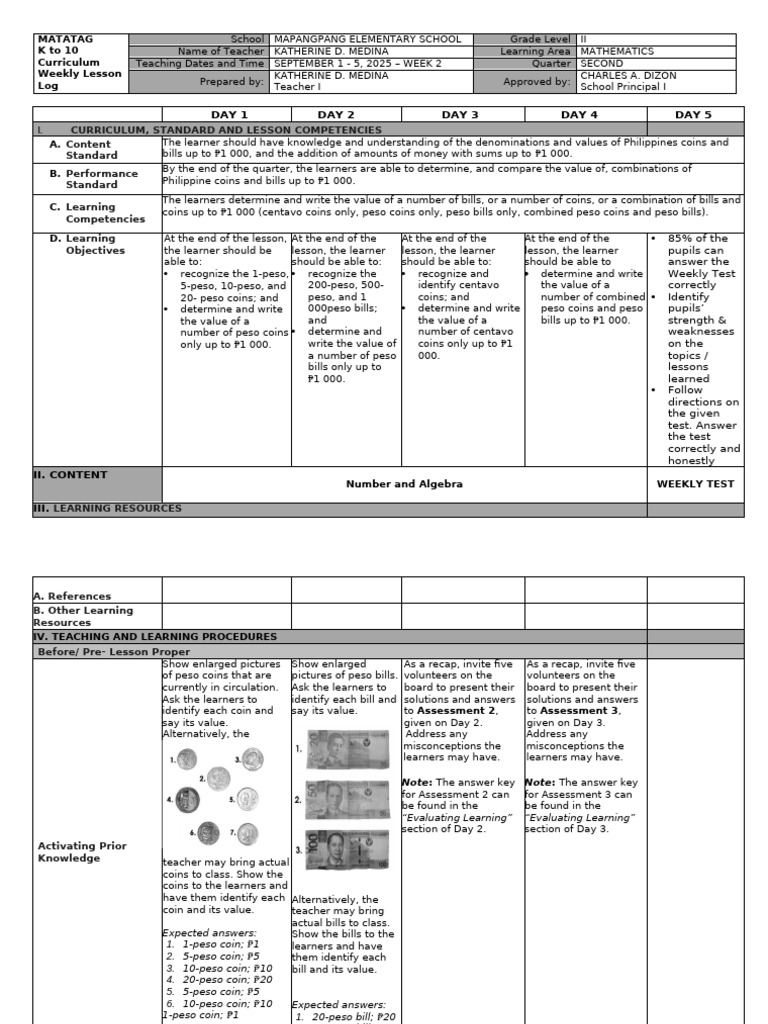 Grade 2 Math Weekly Lesson Plan | PDF | Philippines | Economy Of Asia