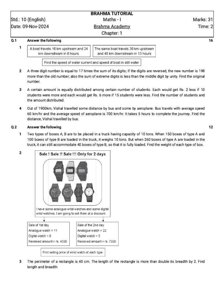 10th Grade Maths Tutorial Questions | PDF | Length | Equations