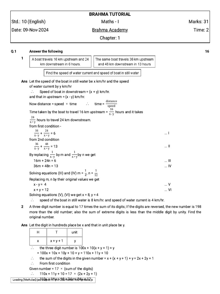 Maths Problem Solutions for Class 10 | PDF | Speed | Mathematics