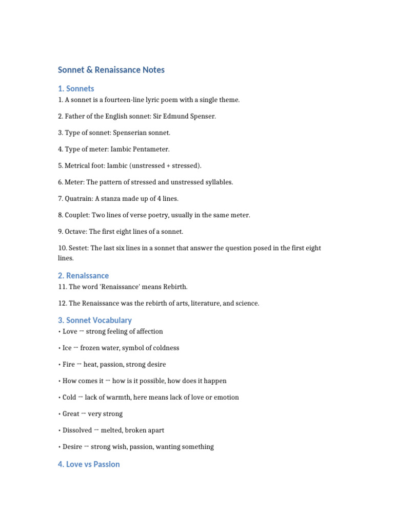 Sonnets and Renaissance Overview | PDF