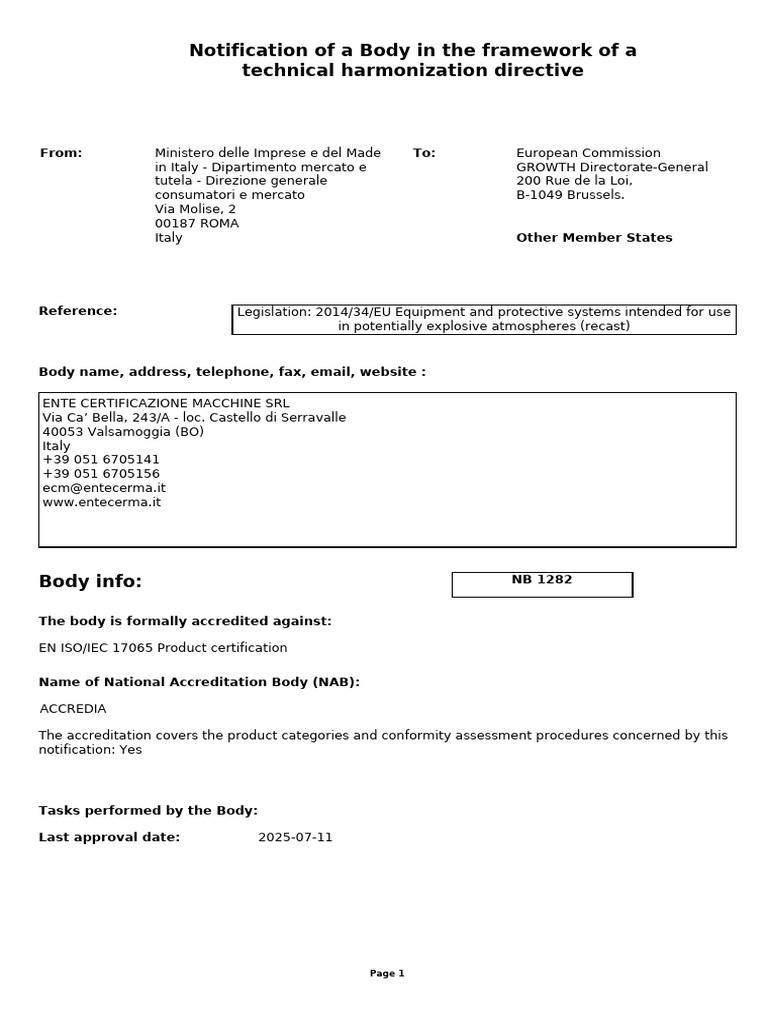 Notification of Body for EU Directive 2014/34/EU | PDF | Regulation