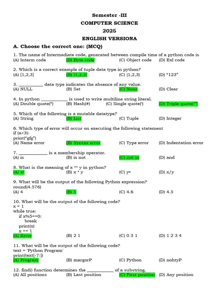 Python MCQ Practice Questions | PDF | Data Type | String (Computer Science)