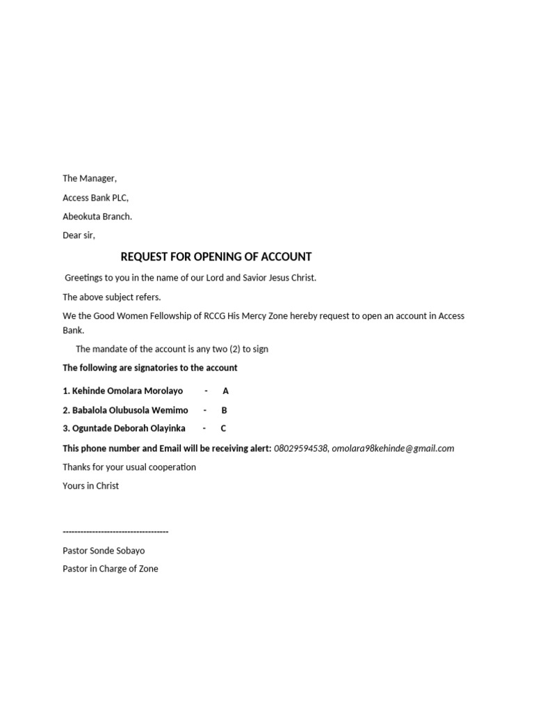 Account Opening Request for RCCG Zone | PDF