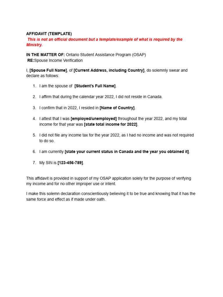 OSAP Spouse Income Verification Affidavit | PDF