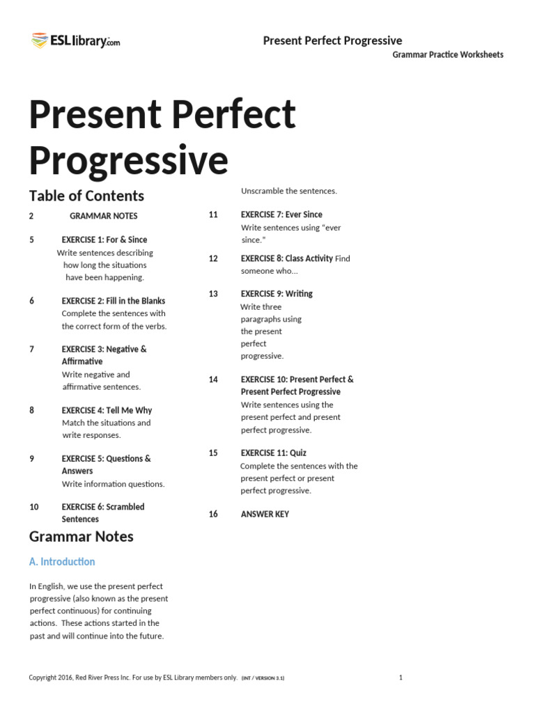 Present Perfect Progressive Worksheets | PDF | Linguistics | Syntax