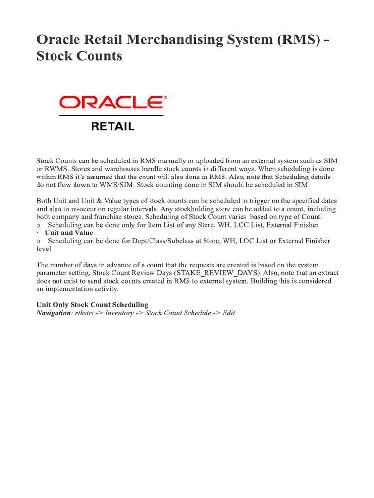 Oracle Retail Stock Counts | PDF