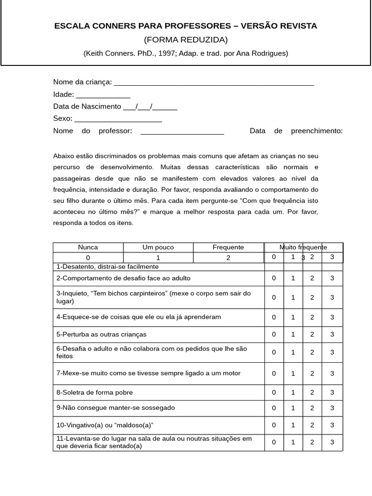 Escala Conners para Professores: Avaliação Infantil | PDF | Ciências ...