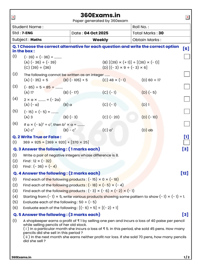 7th Grade Maths Weekly Exam Paper | PDF | Mathematics | Number Theory