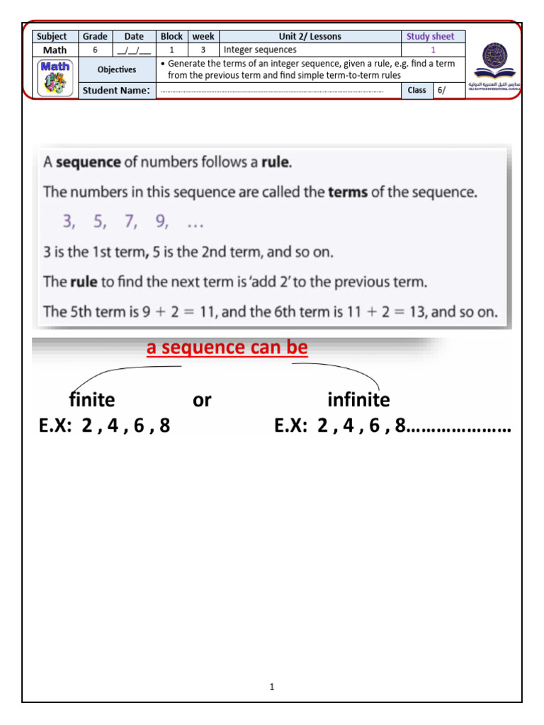 Math Study Sheet: Integer Sequences | PDF