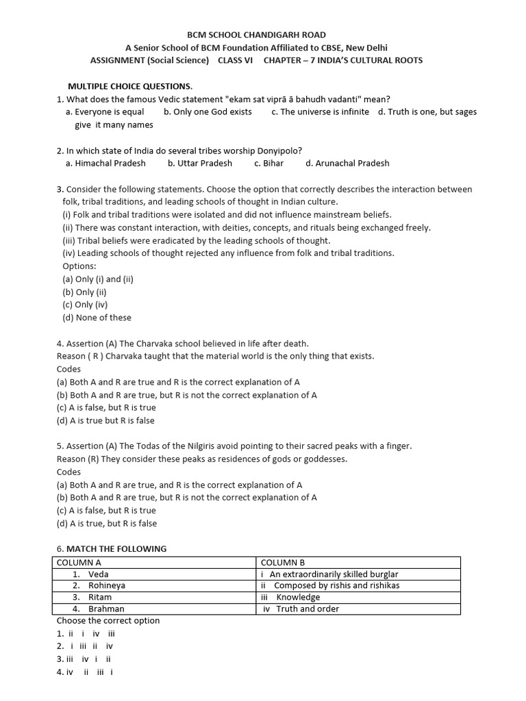 Class 6 MCQs on India's Cultural Roots | PDF | Karma | Vedas