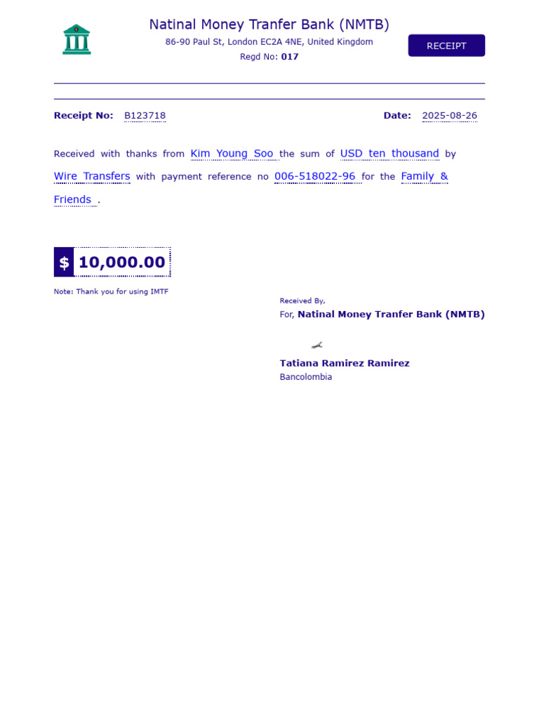 Wire Transfer Receipt B123718 | PDF