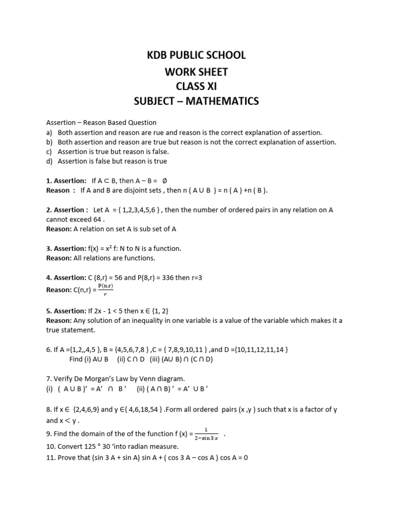 Class XI Mathematics Assertion-Reason Worksheet | PDF | Chess Theory ...