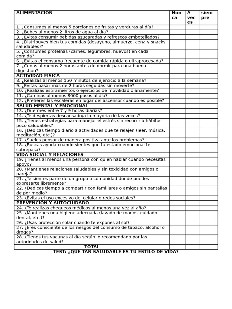 Test de Estilo de Vida Saludable | PDF