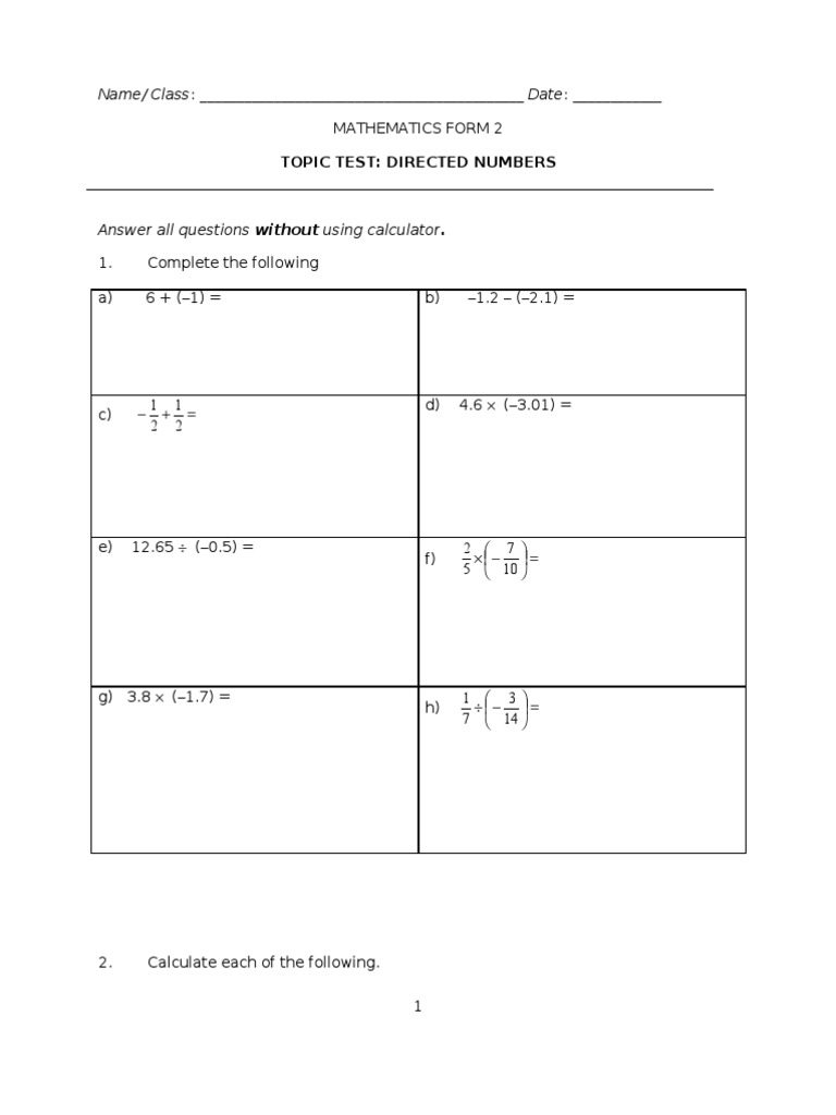 Mathematics Test on Directed Numbers | PDF | Teaching Methods & Materials