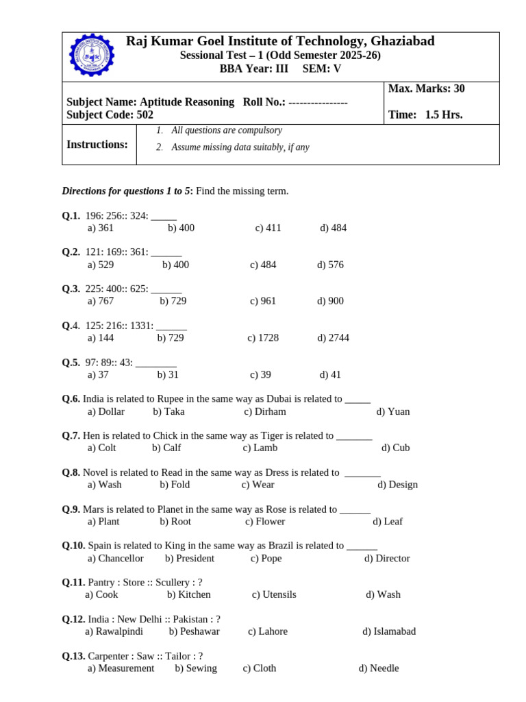 Aptitude Reasoning Test Paper BBA | PDF | Family | Kinship And Descent