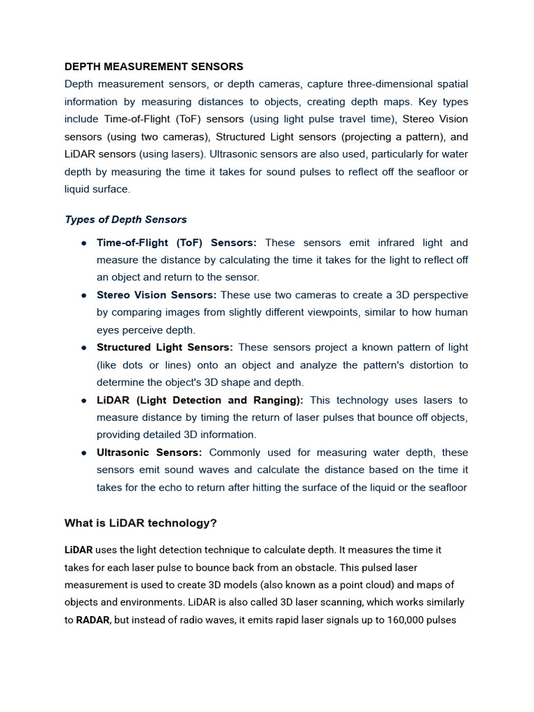 Depth Measurement Sensors Overview | PDF | Lidar | Measuring Instrument