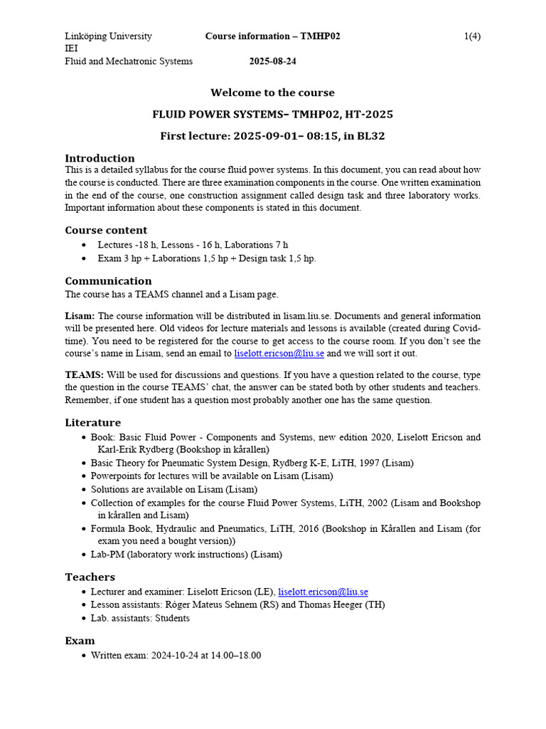 Fluid Power Systems Course TMHP02 Syllabus | PDF | Mechanical Engineering
