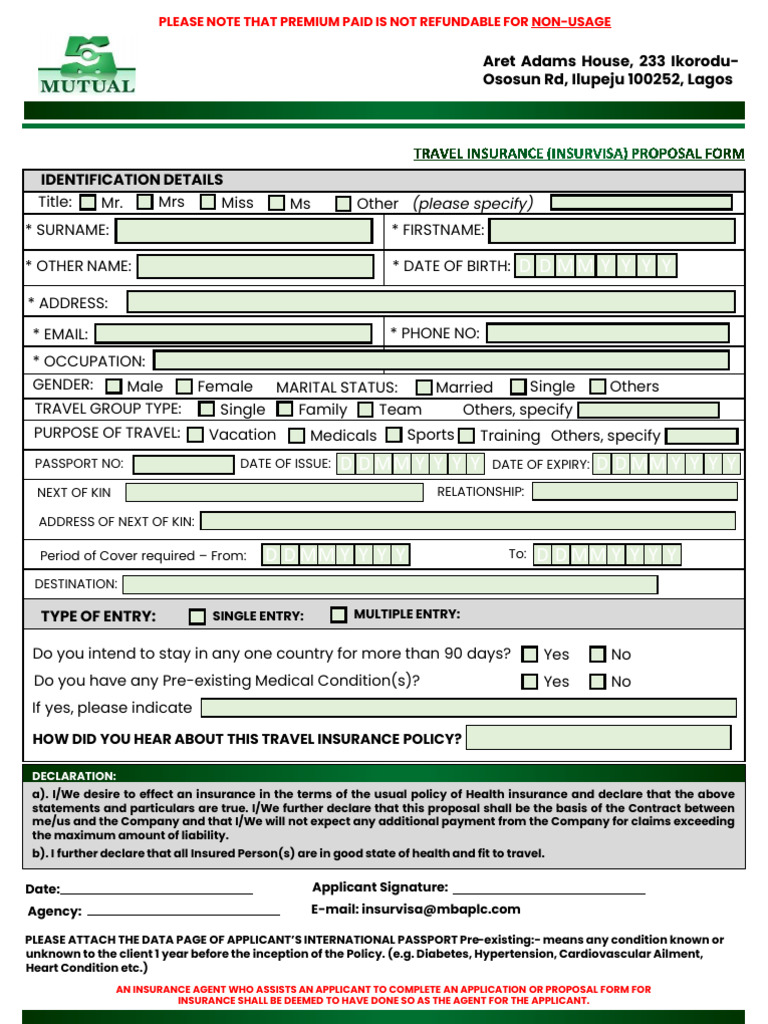 Travel Insurance Application Form | PDF | Insurance