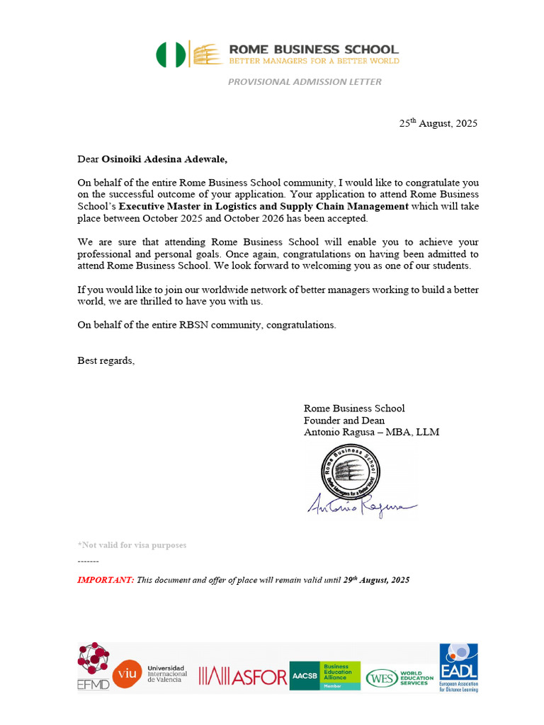 Provisional Admission Letter - Osinoiki Adesina Adewale | PDF