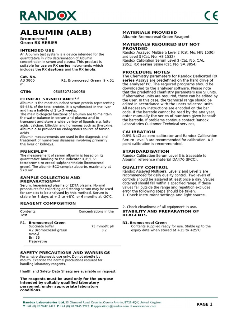 Albumin Test System for RX Series | PDF | Blood Plasma | Calibration