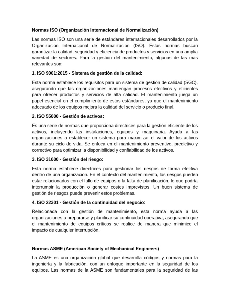 Normas ISO, ASME y ANSI en Mantenimiento | PDF | Calidad (comercial ...