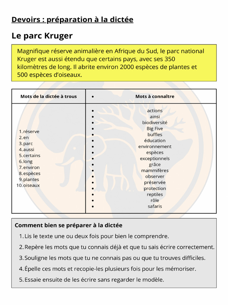 Dictée Élève - Le Parc Kruger | PDF