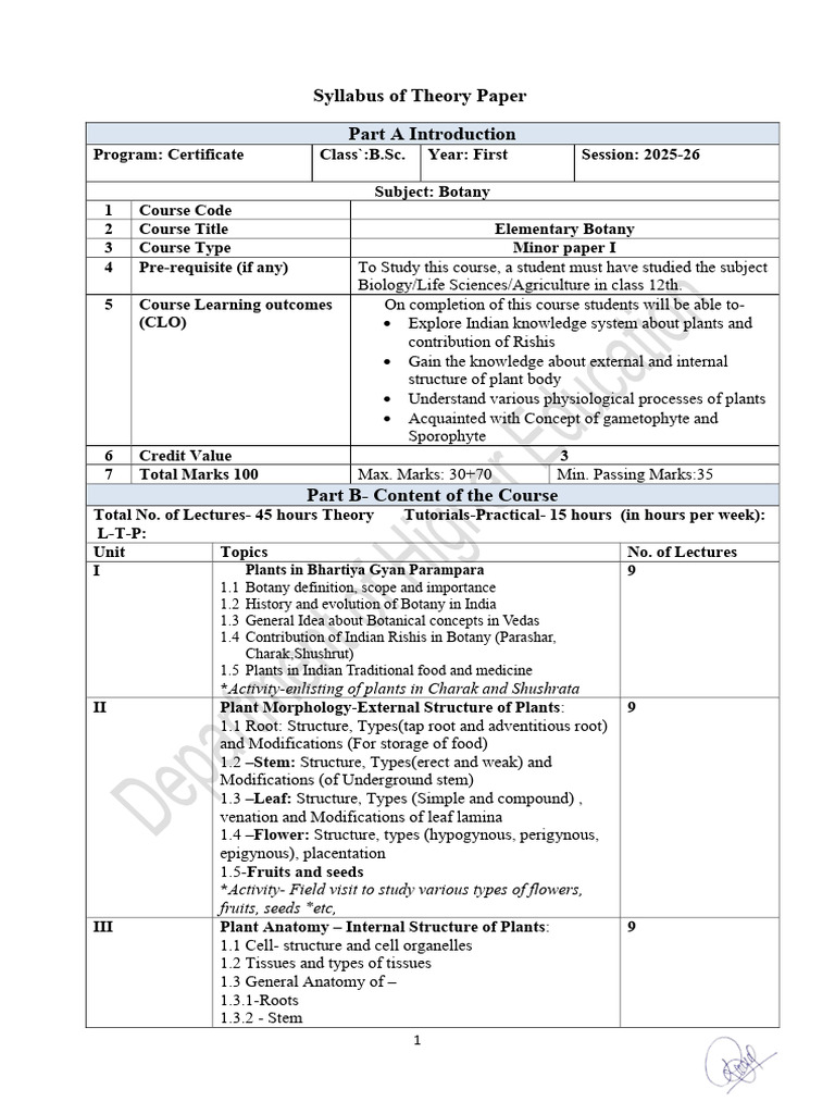 BSC I Botany Minor Paper - I Elementary Botany 25-26 | PDF