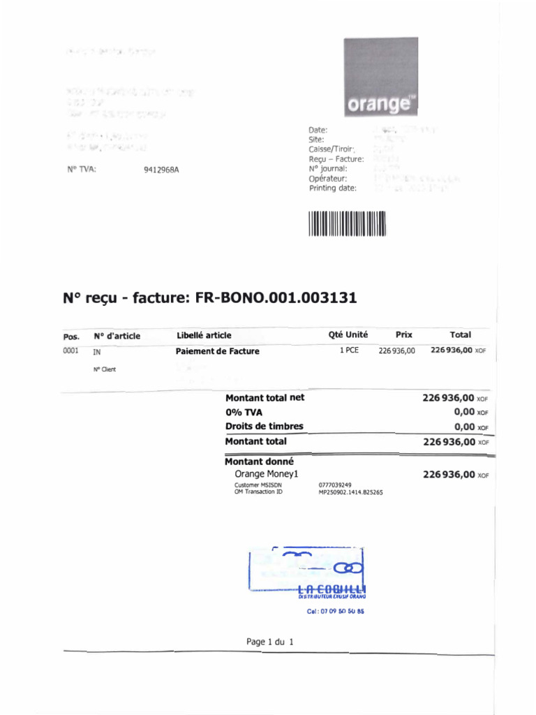 Reçu de paiement Orange Money XOF | PDF