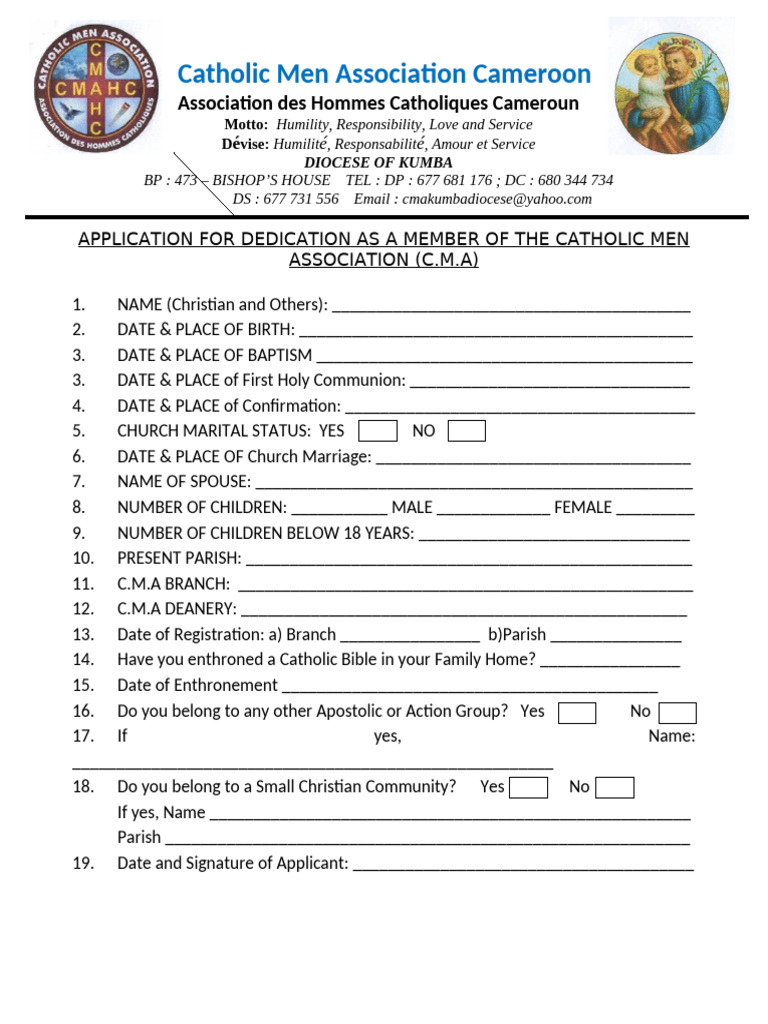 C.M.A Membership Application Form | PDF | Catholic Church | Parish