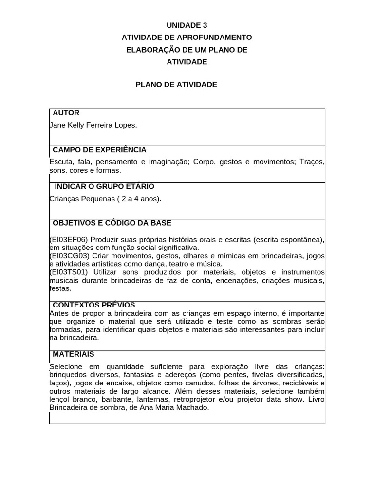 Prática de Ensino em Educação Infantil - Modelo Atividade III - Plano ...