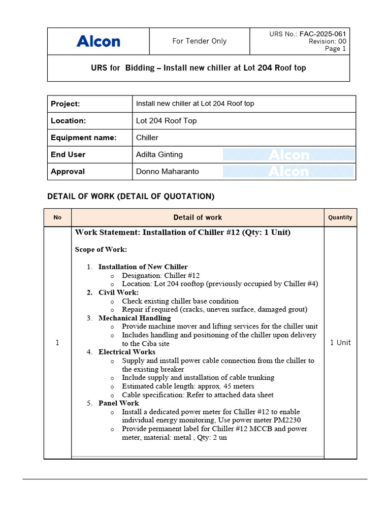 Chiller Installation URS for Lot 204 Roof | PDF | Electrical ...