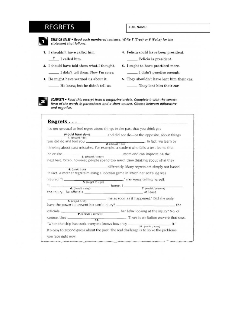Regrets Worksheet | PDF