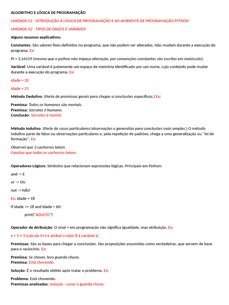 UNIDADE 01 - INTRODUÇÃO À LÓGICA DE PROGRAMAÇÃO E AO AMBIENTE DE ...