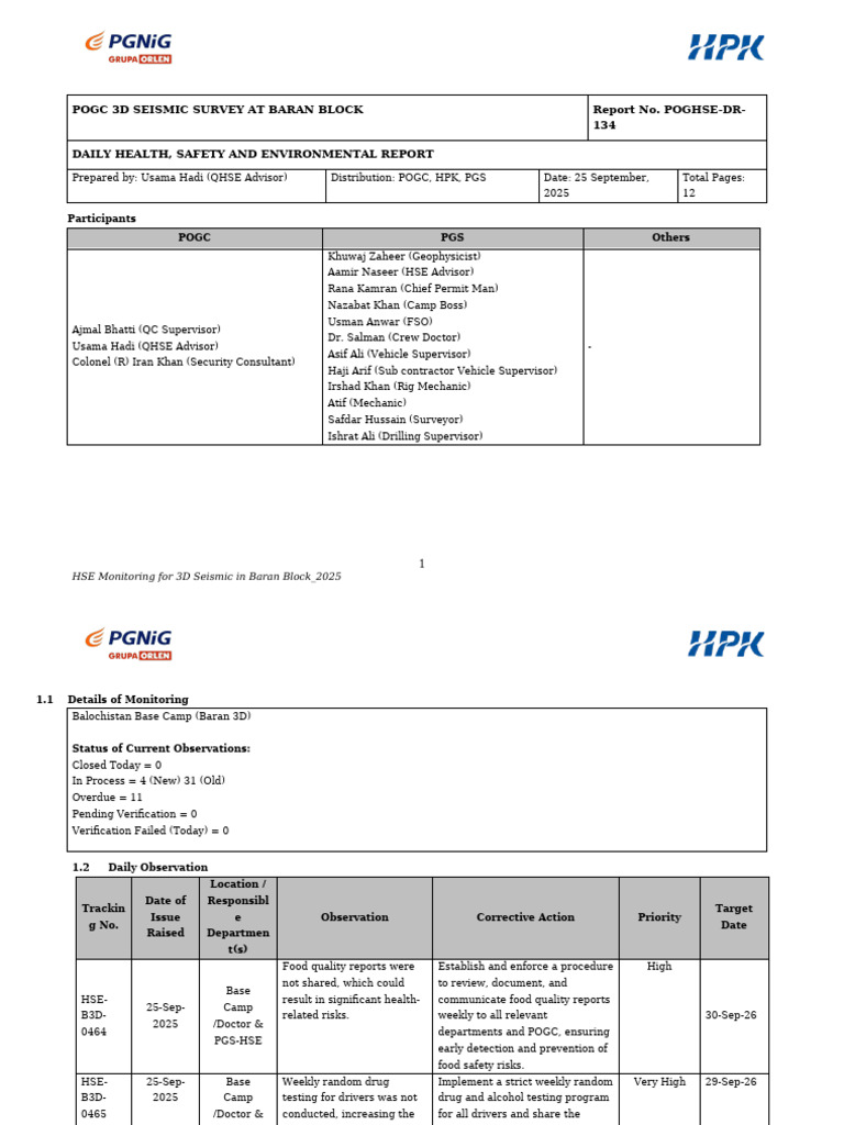 HSE Report for Baran Block Seismic Survey | PDF | Waste | Water