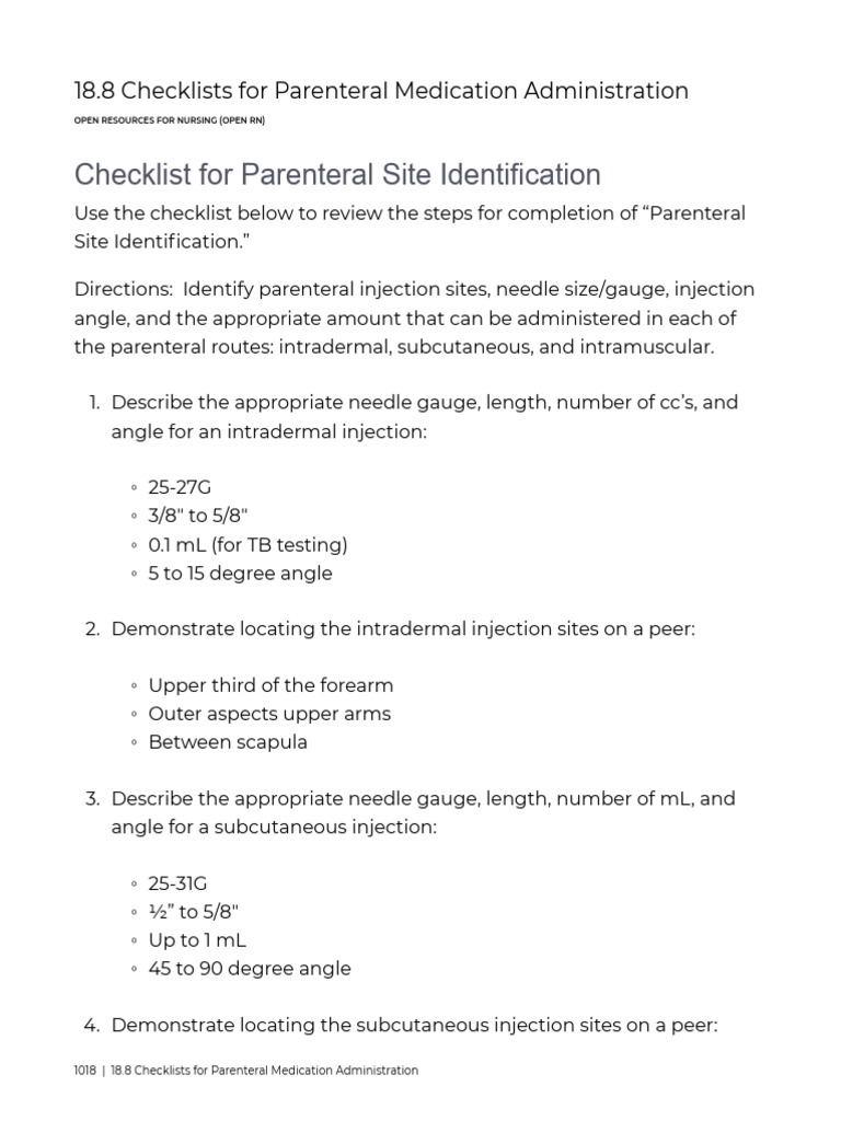 Parenteral Medication Administration Checklist | PDF | Injection ...