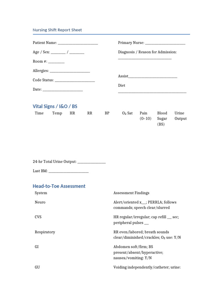 Nursing Shift Report Template | PDF | Medical Specialties | Health Care
