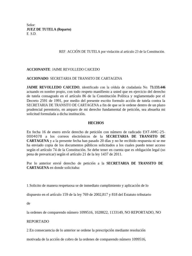 Acción de Tutela por Falta de Respuesta | PDF | Petición | Constitución