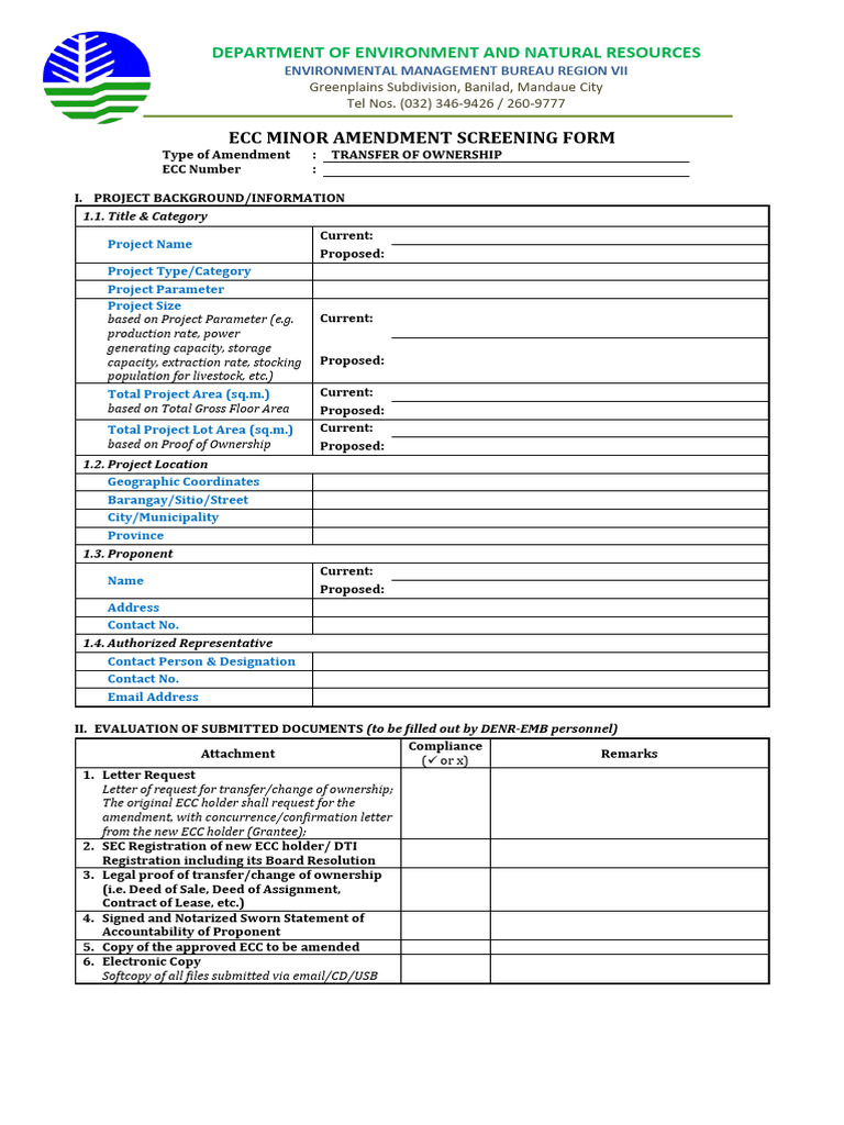 ECC Minor Amendment: Ownership Transfer Form | PDF