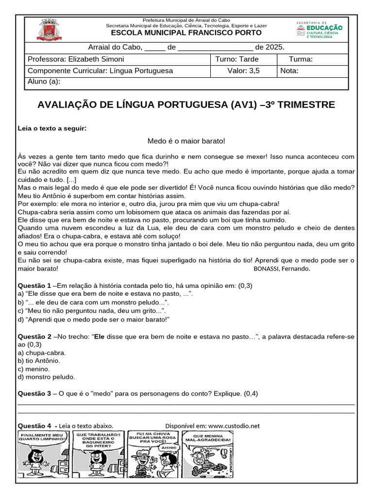 AV1 - 3 º Trimestre - Língua Portuguesa - Turmas 703 e 704 - 2025 | PDF ...