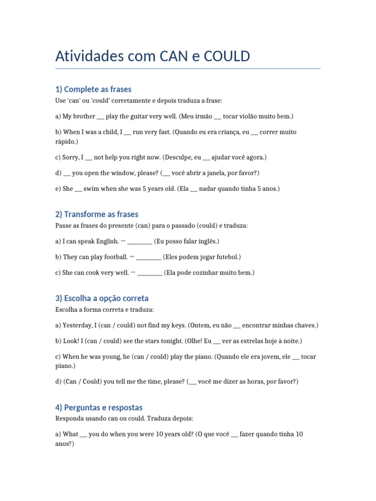 Atividades Práticas com Can e Could | PDF