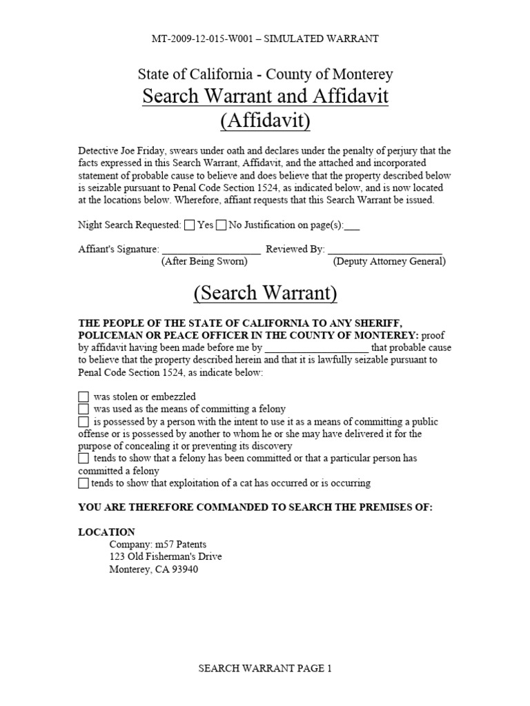 Monterey County Search Warrant Document | PDF | Affidavit | Common Law