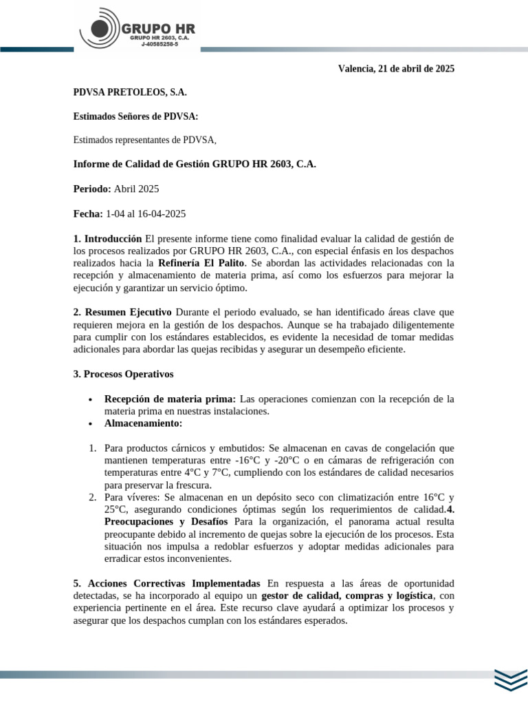 Informe de Calidad de Gestión Abril 2025 | PDF | Sistema de manejo de ...