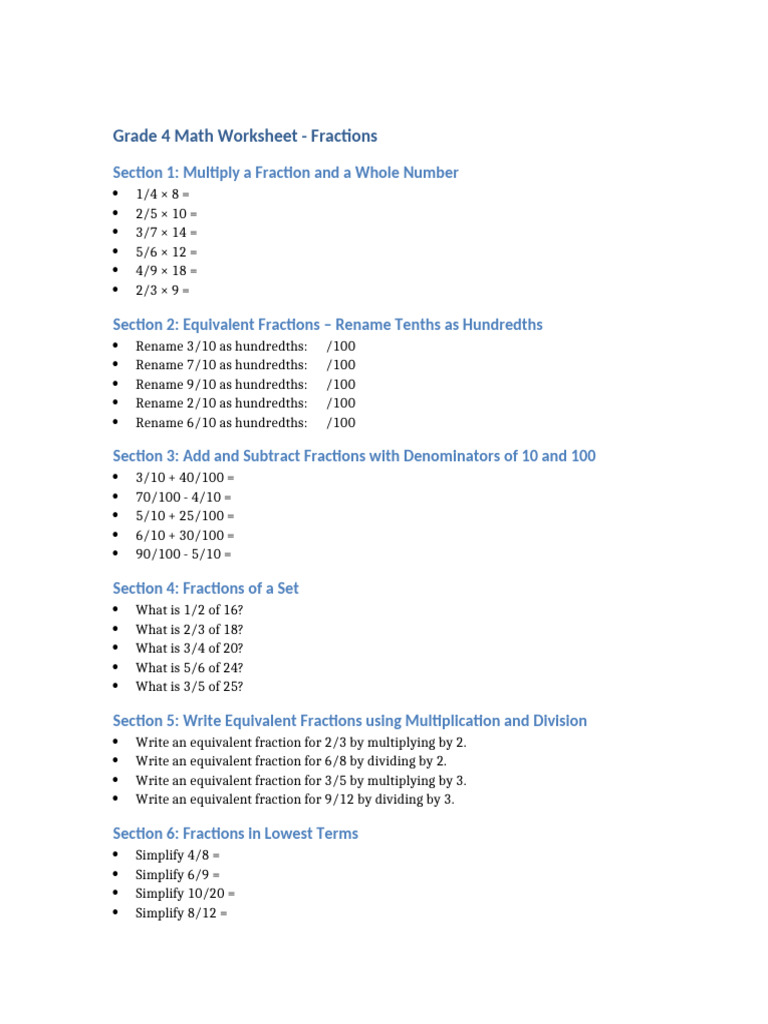 Grade 4 Fractions Worksheet | PDF