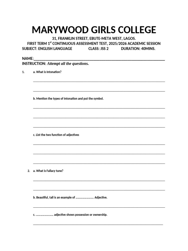 JSS 2 English Language Assessment 2025 | PDF | Languages | Foreign ...